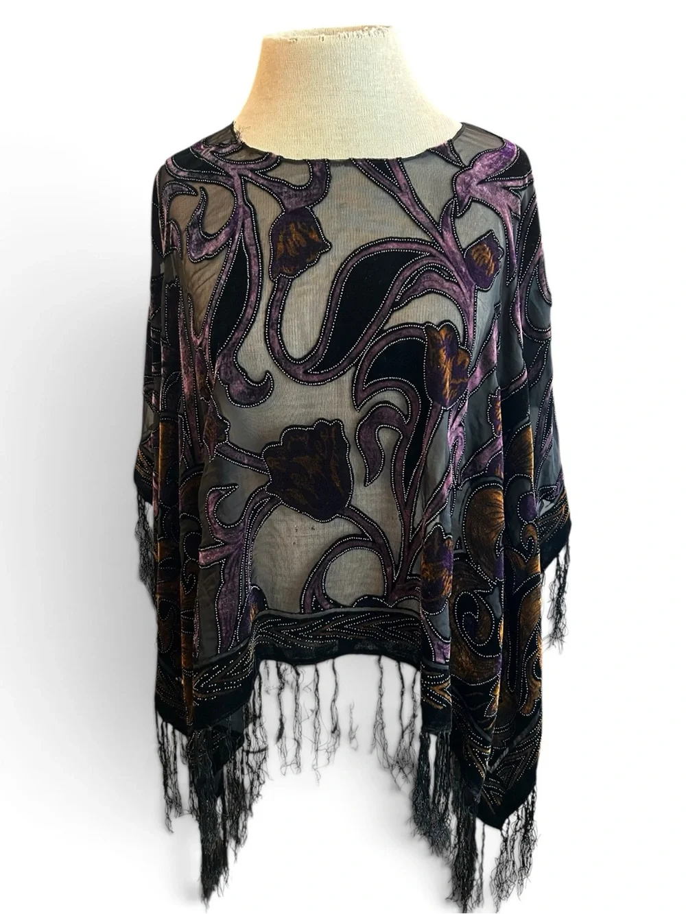 Sheer Velvet Burnout Floral ShawlPoncho - Black & Purple
